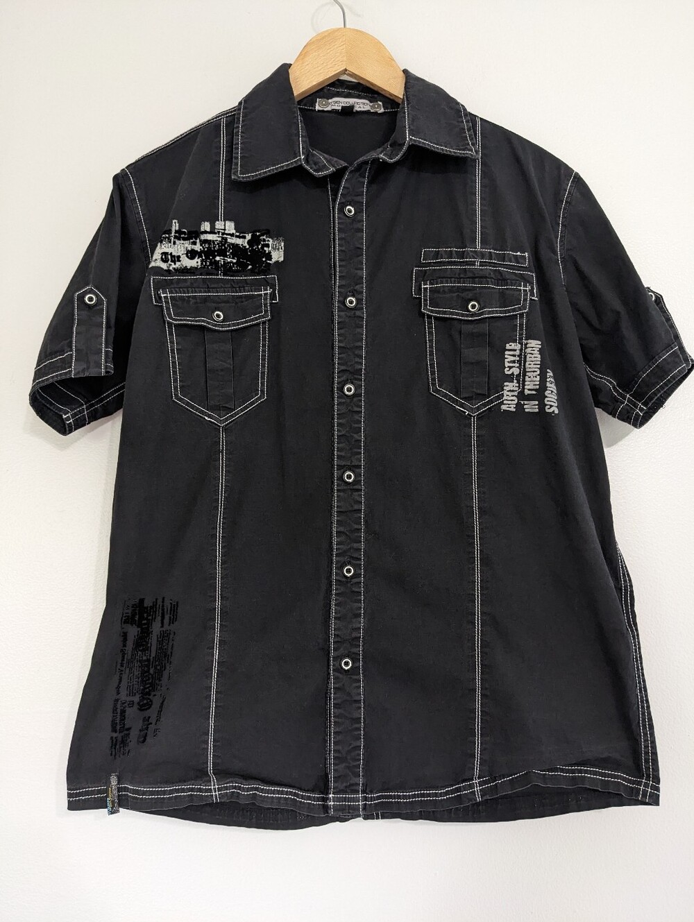 Oxygen Collection Shirt Button Down Mens Small Black Cotton Stitching Goth